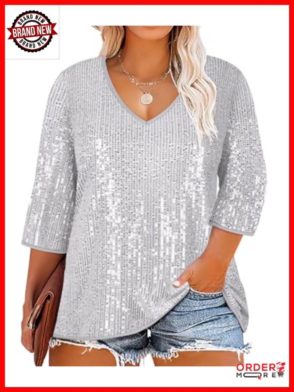 Plus Size Sequin Top 3/4 Sleeve V-Neck Tunic Blouse Sparkly Stretchy Party